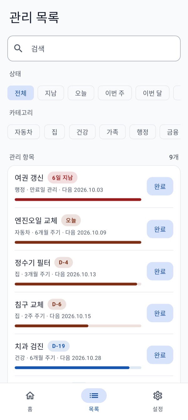 생활주기 관리 주기 목록 화면
